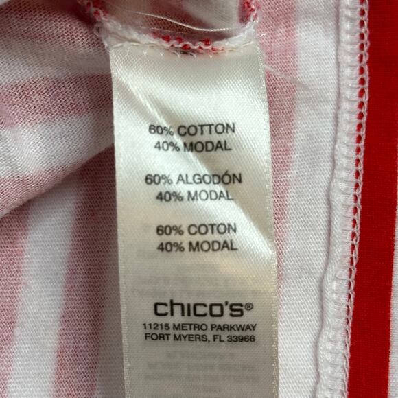 Chicos Red White Striped Leaf Print Cotton Tie Sleeve Blouse Womens Size Small S - Picture 8 of 10